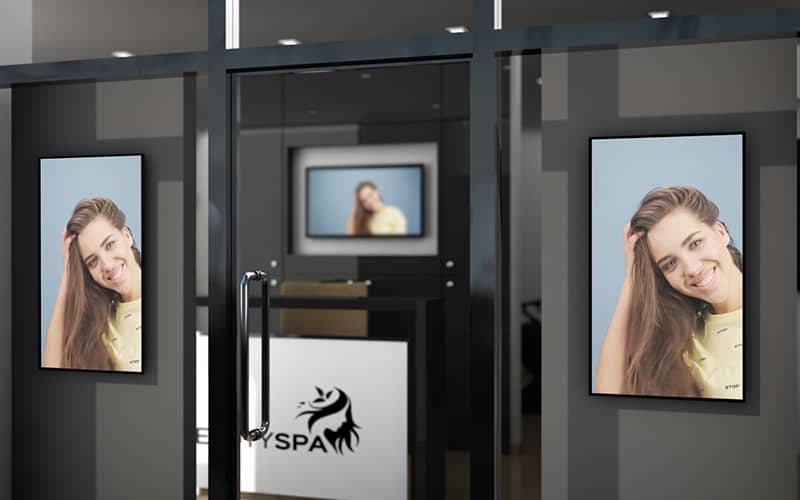 Vestel digital signage screens in the window of a hair salon