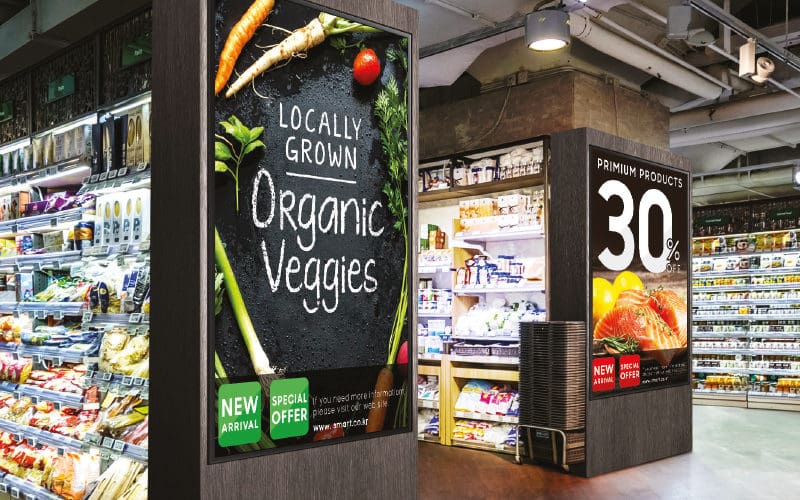 Samsung digital signage screens in a food retail store to promote products
