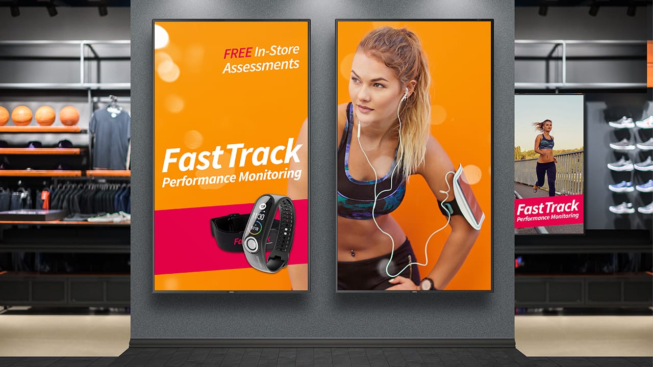 NEC digital signage screens promoting fitness products