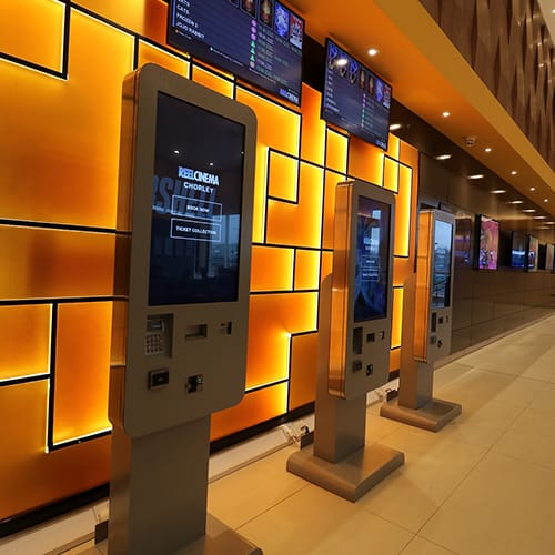 Self-service freestanding ticket kiosks at a cinema in Lancashire, UK