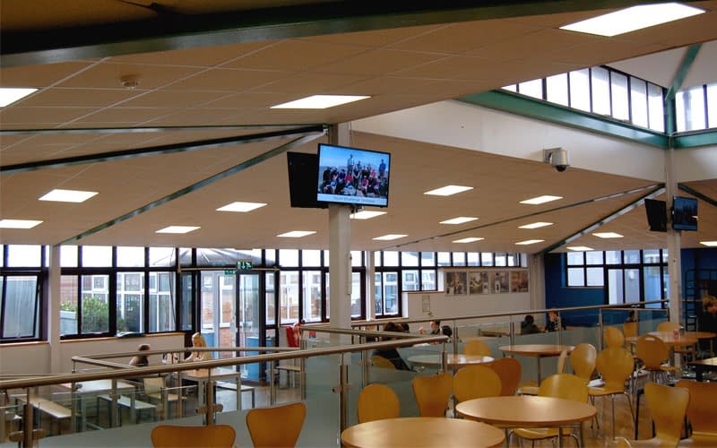 Digital signage screen in Winstanley College cafeteria