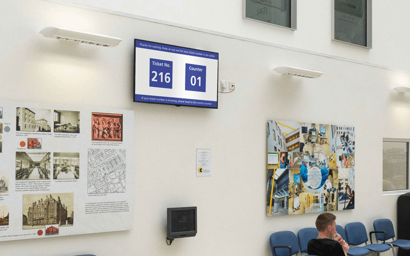 Digital signage in a waiting room managing queues