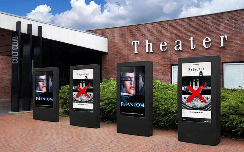NEC digital signage screens in freestanding totems outside of a theatre