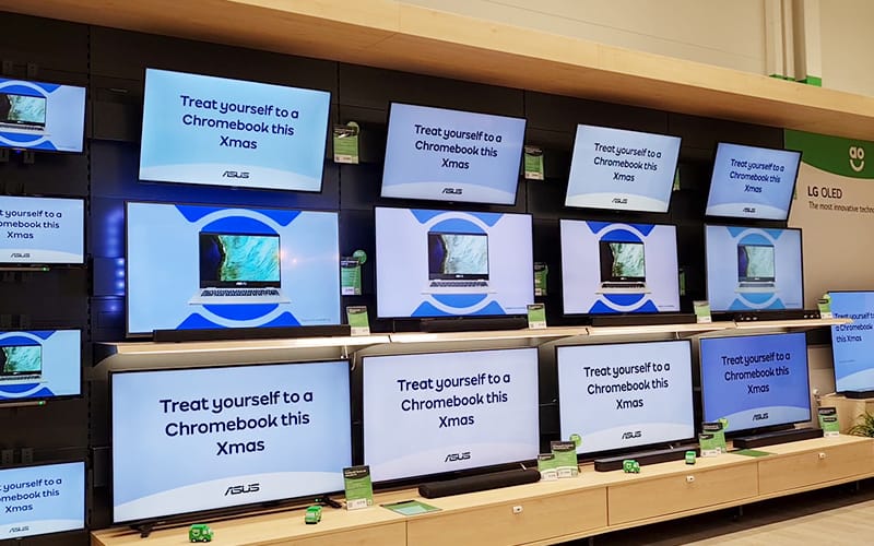 SaturnSelect digital signage application in use in an AO electrical goods retail store in Manchester