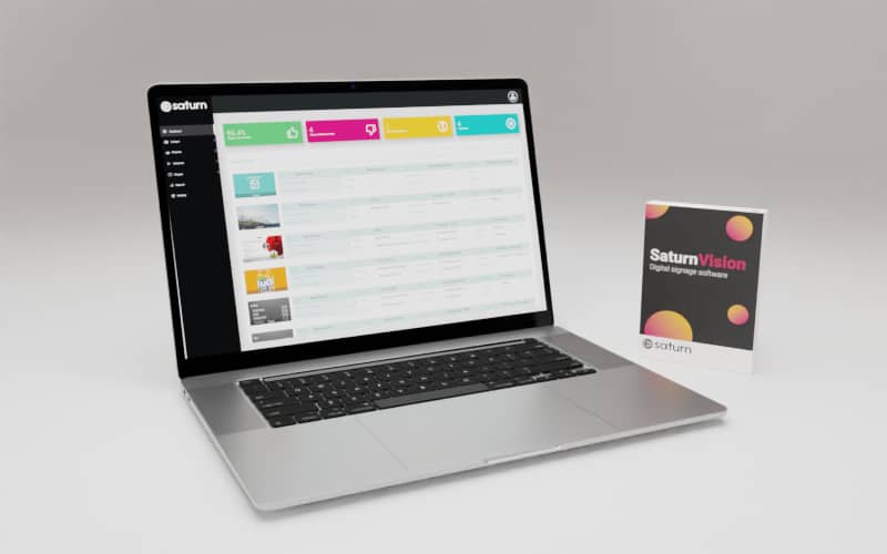 SaturnVision digital signage software desktop showing on a laptop