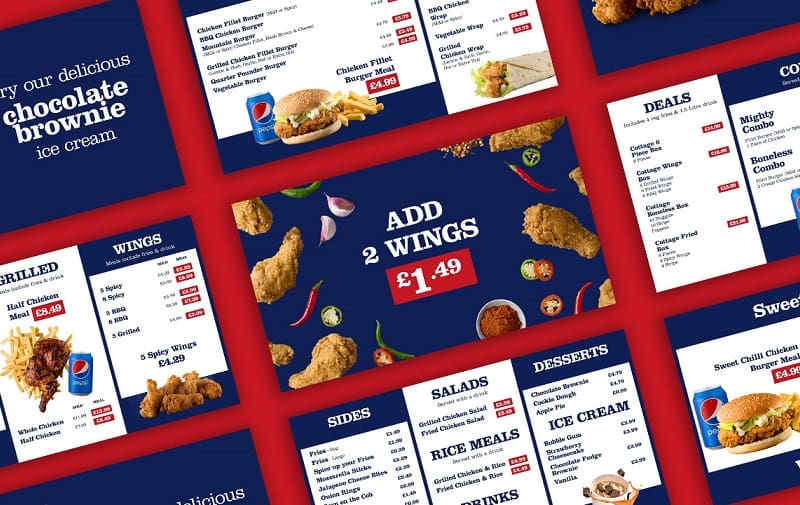 Digital signage menu board content for a fast food restaurant