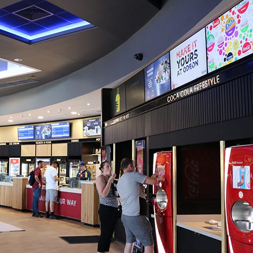 Digital signage screens and menu boards at a UK cinema