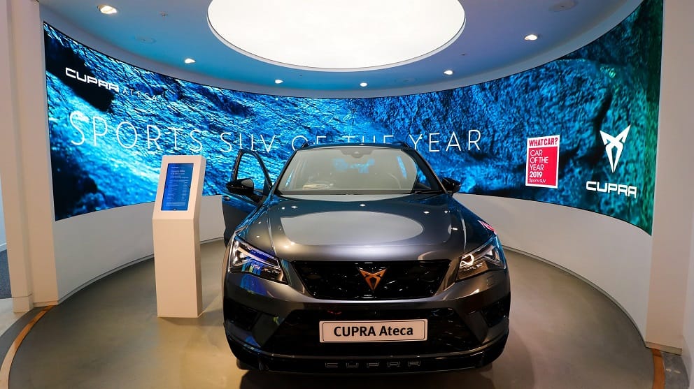 Digital signage curved LED wall at a SEAT car showroom